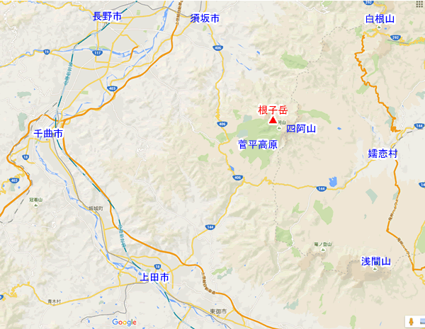 長野県北信の地図と根子岳の位置