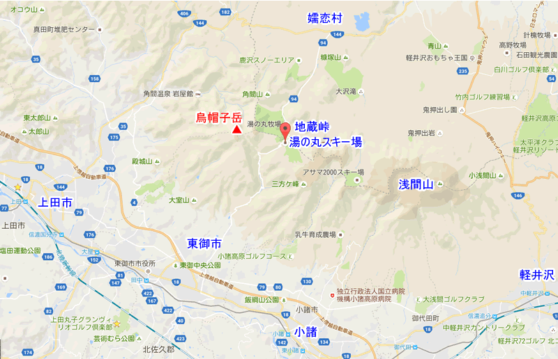 長野県東信地域の地図と烏帽子岳の位置