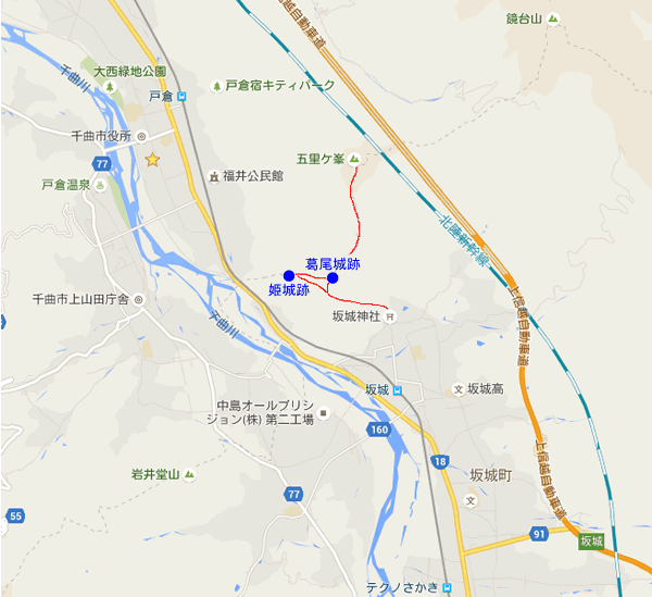長野県北信の地図と坂城神社の位置