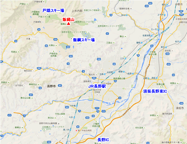 長野県北信の地図と飯縄山の位置