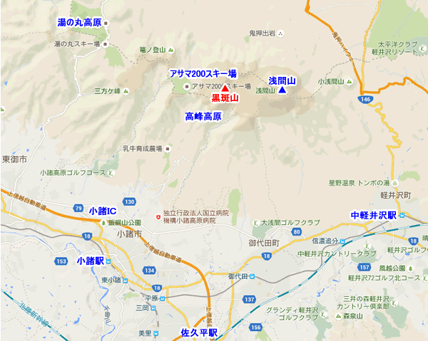 長野県東信の地図と黒斑山の位置